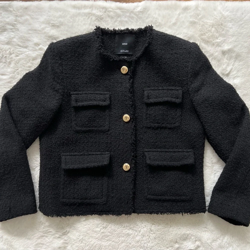 Mango Tweed Jacket Blazer with Fried Ends sz Large_5